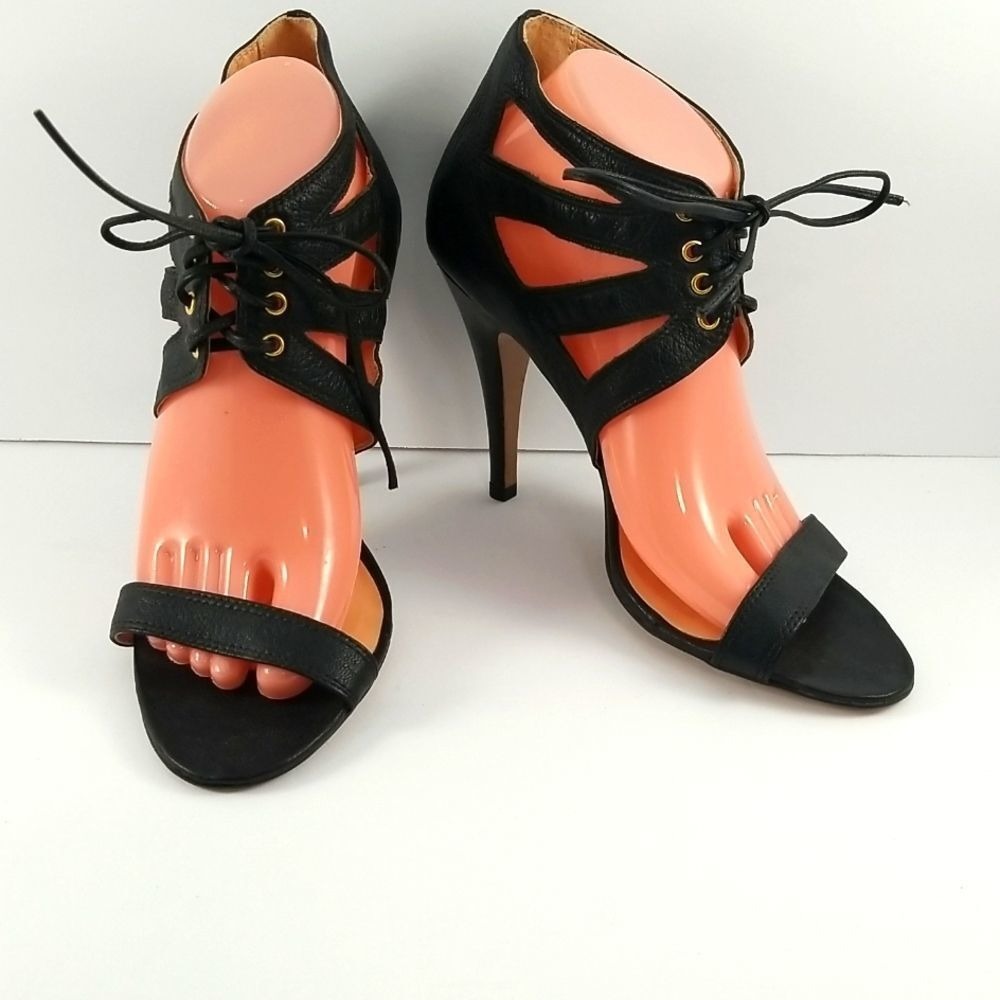 Luiza Barcelos Black Leather Lace Up Cage Heel Sandals Size 10B‎ Made in Brazil